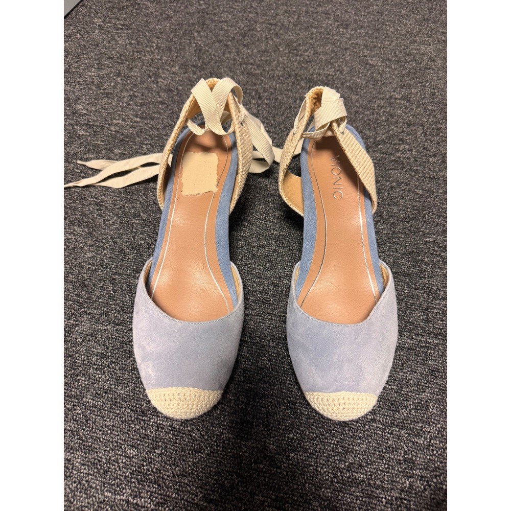 Vionic Maris Light Blue Suede Ankle Tie Espadrille Wedge Sandals Womens 10